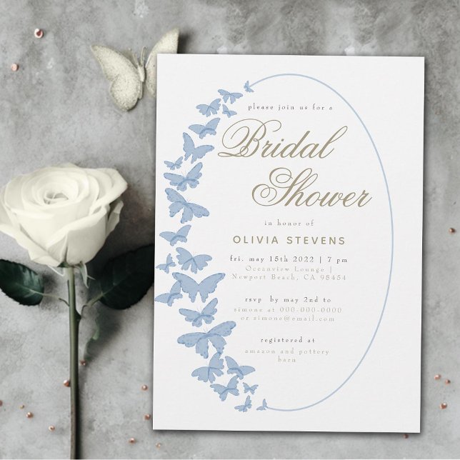 Invitación Mariposas azules agitadas Boho Elegant Bridal Show (dusty blue butterflies boho frame elegant bridal shower invitation modern romantic chic stylish chic)