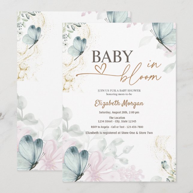 Invitación Mariposas Azules Bebé en Flor  (Anverso / Reverso)
