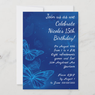 Invitación Mariposas Azules Eléctricas Cumpleaños Adolescente