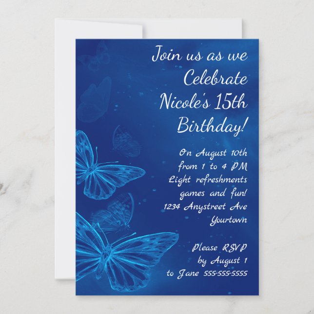 Invitación Mariposas Azules Eléctricas Cumpleaños Adolescente (Anverso)