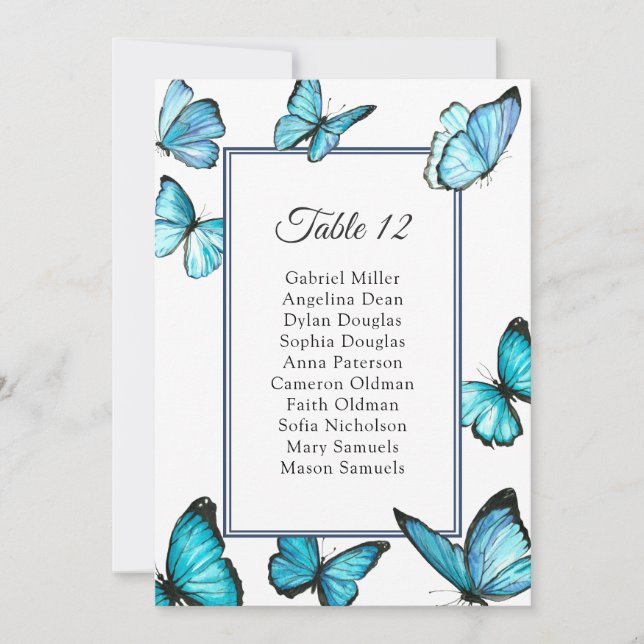 Invitación Mariposas azules. Gráfica de asientos simple Boda (Anverso)