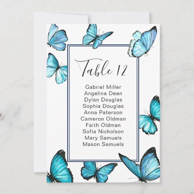 Invitación Mariposas azules. Gráfico de asientos Boda con cla (Anverso)
