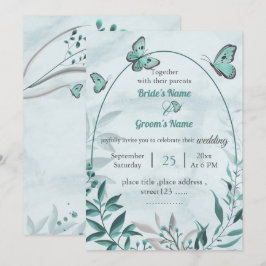 Invitación mariposas azules hojas boda floral