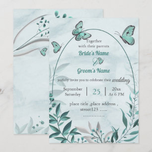 Invitación mariposas azules hojas boda floral