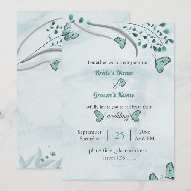 Invitación mariposas azules hojas boda floral (Anverso / Reverso)