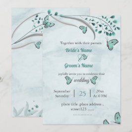 Invitación mariposas azules hojas boda floral