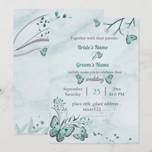 Invitación mariposas azules hojas boda floral (Anverso / Reverso)