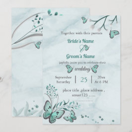 Invitación mariposas azules hojas boda floral