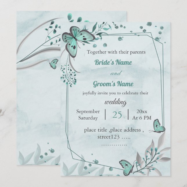 Invitación mariposas azules hojas boda geométrico floral (Anverso / Reverso)