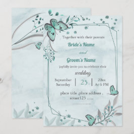 Invitación mariposas azules hojas boda geométrico floral