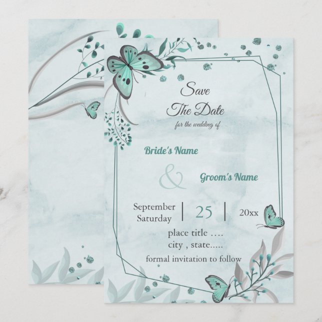 Invitación mariposas azules hojas geométricas guardar la fech (Anverso / Reverso)