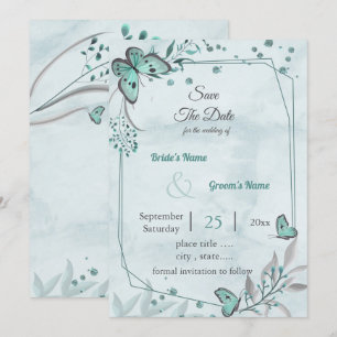 Invitación mariposas azules hojas geométricas guardar la fech