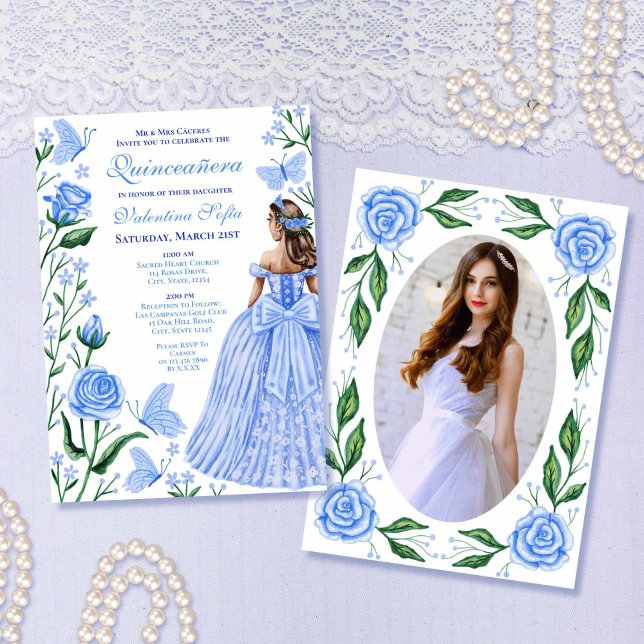Invitación Mariposas azules para bebés Foto de la princesa Qu (Baby Blue Butterflies Princess Photo Quinceanera Invitation)