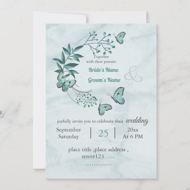 Invitación mariposas azules románticas dejan boda floral (Anverso)