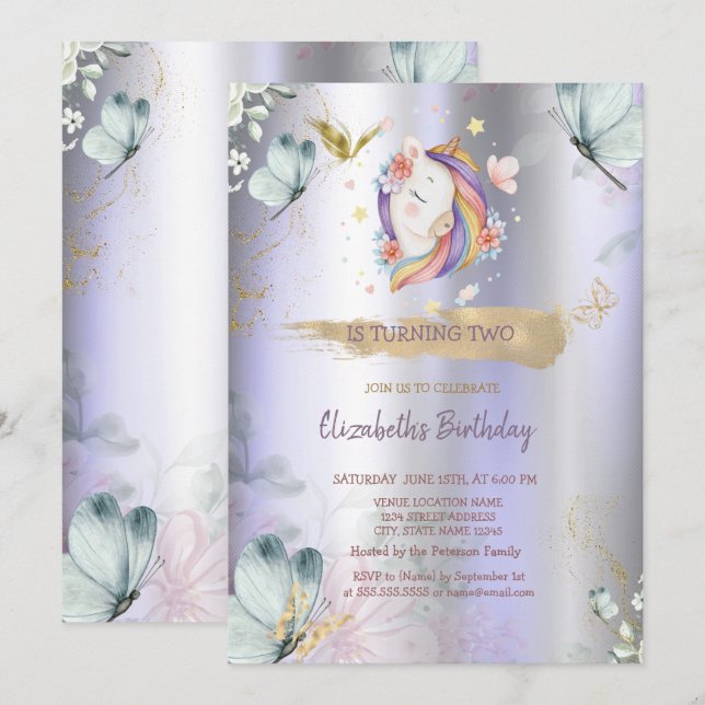 Invitación Mariposas Azules Unicornio Metálico Violeta Cumple (Anverso / Reverso)