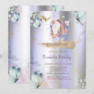 Invitación Mariposas Azules Unicornio Metálico Violeta Cumple