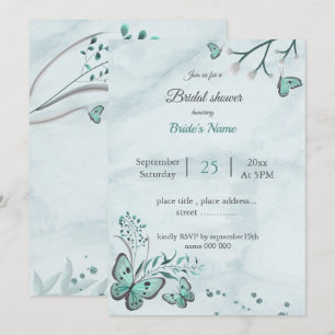 Invitación Mariposas azules verde azuladas y hojas ducha de n