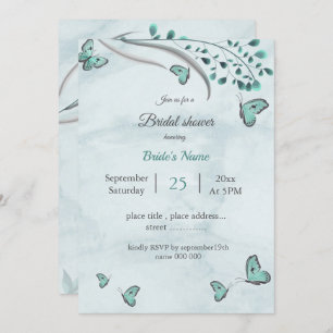 Invitación Mariposas azules verde azuladas y hojas ducha de n