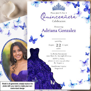 Invitación Mariposas Azules Vestido Tiara Foto Quinceañera