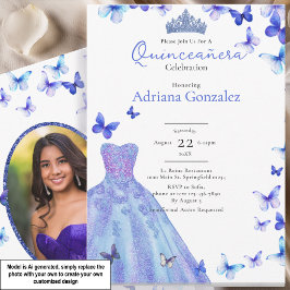 Invitación Mariposas Azules Vestido Tiara Foto Quinceanera