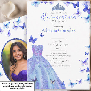 Invitación Mariposas Azules Vestido Tiara Foto Quinceanera