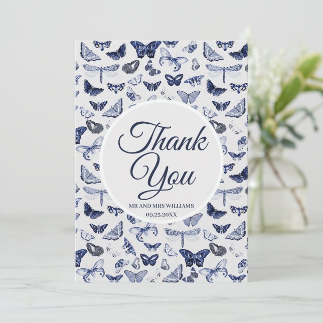 Invitación Mariposas azules vintage (Anverso de pie)