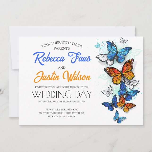 Invitación Mariposas azules y Naranjas Monarca morfo (Anverso)