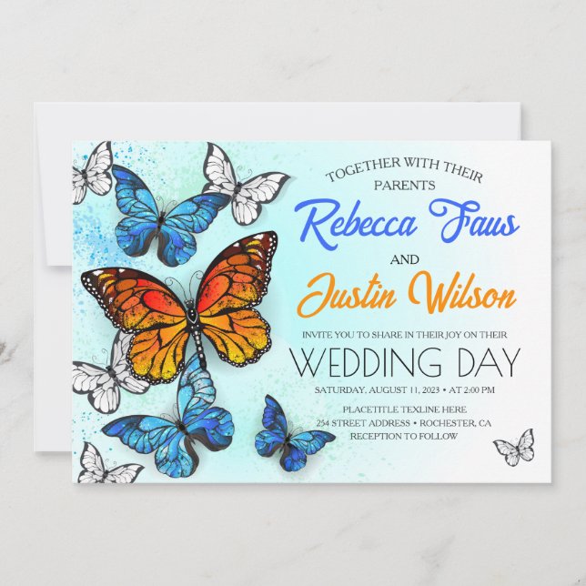 Invitación Mariposas azules y Naranjas Monarca morfo (Anverso)