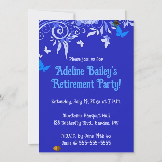 Invitación Mariposas Azules y Remolinos Editables (Anverso)
