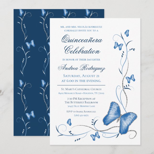 Invitación Mariposas azules y remolinos Quinceanera (Anverso / Reverso)