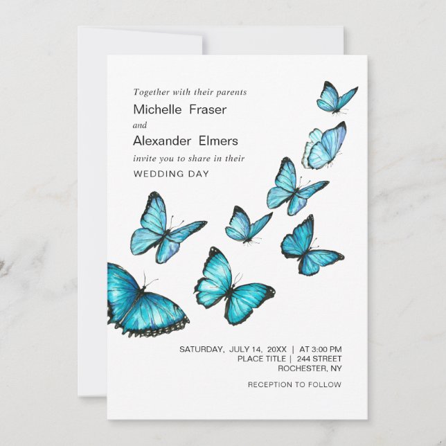 Invitación Mariposas azules y románticas. Boda elegante y air (Anverso)