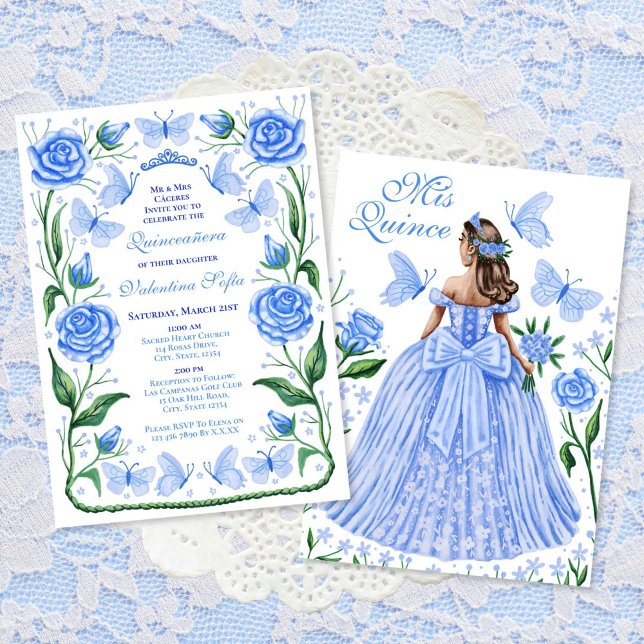 Invitación Mariposas azules y Rosas Princesa Quinceanera (Blue Butterflies and Roses Princess Quinceanera Invitation)
