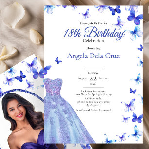 Invitación Mariposas Azules Y Vestido Debut Cumpleaños 18