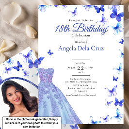 Invitación Mariposas Azules Y Vestido Debut Cumpleaños 18