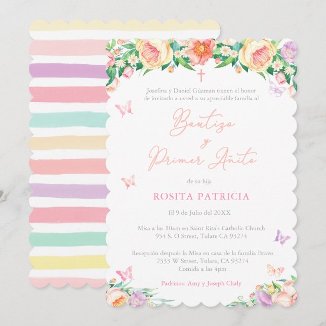 Invitación Mariposas bautismo de primer cumpleaños para Chica (Anverso / Reverso)