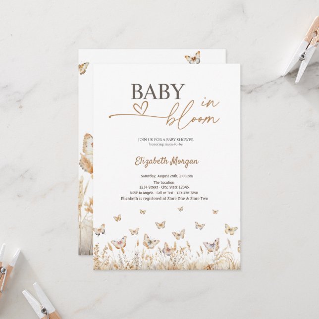 Invitación Mariposas Bebé de Pradera Elegante en Flor  (Anverso/Reverso In Situ)