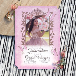 Invitación Mariposas beige rosadas claras, quinceañera ornate