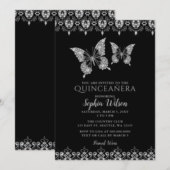 Invitación Mariposas Black Diamante Lace Quinceañera (Anverso / Reverso)