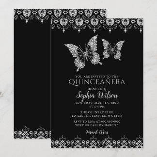 Invitación Mariposas Black Diamante Lace Quinceañera