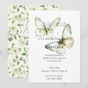 Invitación Mariposas Blancas Verde Menta Cumpleaños