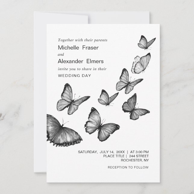 Invitación Mariposas. Boda elegante en blanco y negro (Anverso)