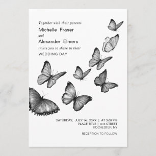 Invitación Mariposas. Boda elegante en blanco y negro