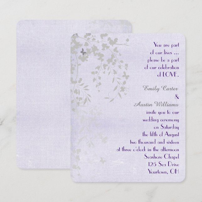 Invitación Mariposas Boda Plata y Púrpura (Anverso / Reverso)