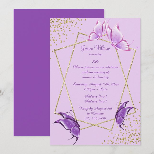 Invitación Mariposas bonito, cumpleaños Purpurina y Confetti (Anverso / Reverso)