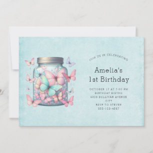 Invitación Mariposas Caprichosas en un Tarro de Cumpleaños
