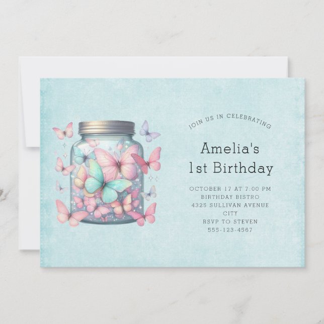 Invitación Mariposas Caprichosas en un Tarro de Cumpleaños (Anverso)
