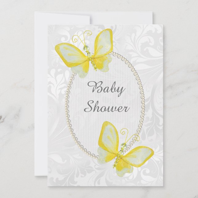 Invitación Mariposas Chic Damask Doble Cara Fiesta de Bebé (Anverso)