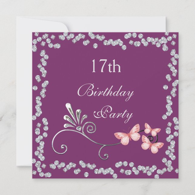 Invitación Mariposas Chic y Diamantes Cumpleaños 17 (Anverso)