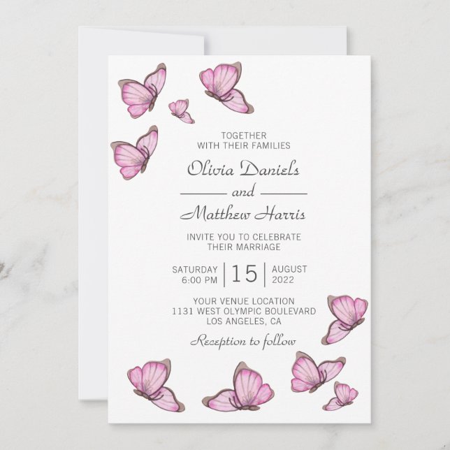 Invitación Mariposas color agua rosada. Boda elegante (Anverso)