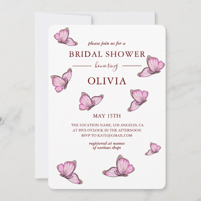 Invitación Mariposas color agua rosada. Ducha Bridal Elegante (Anverso)